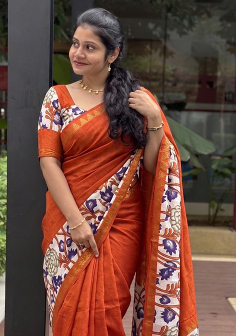 Rust Printed Silk Blend Saree Set - Indya