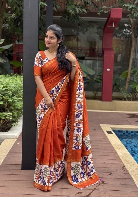 Rust Printed Silk Blend Saree Set