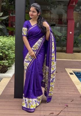 Violet Printed Silk Blend Saree Set
