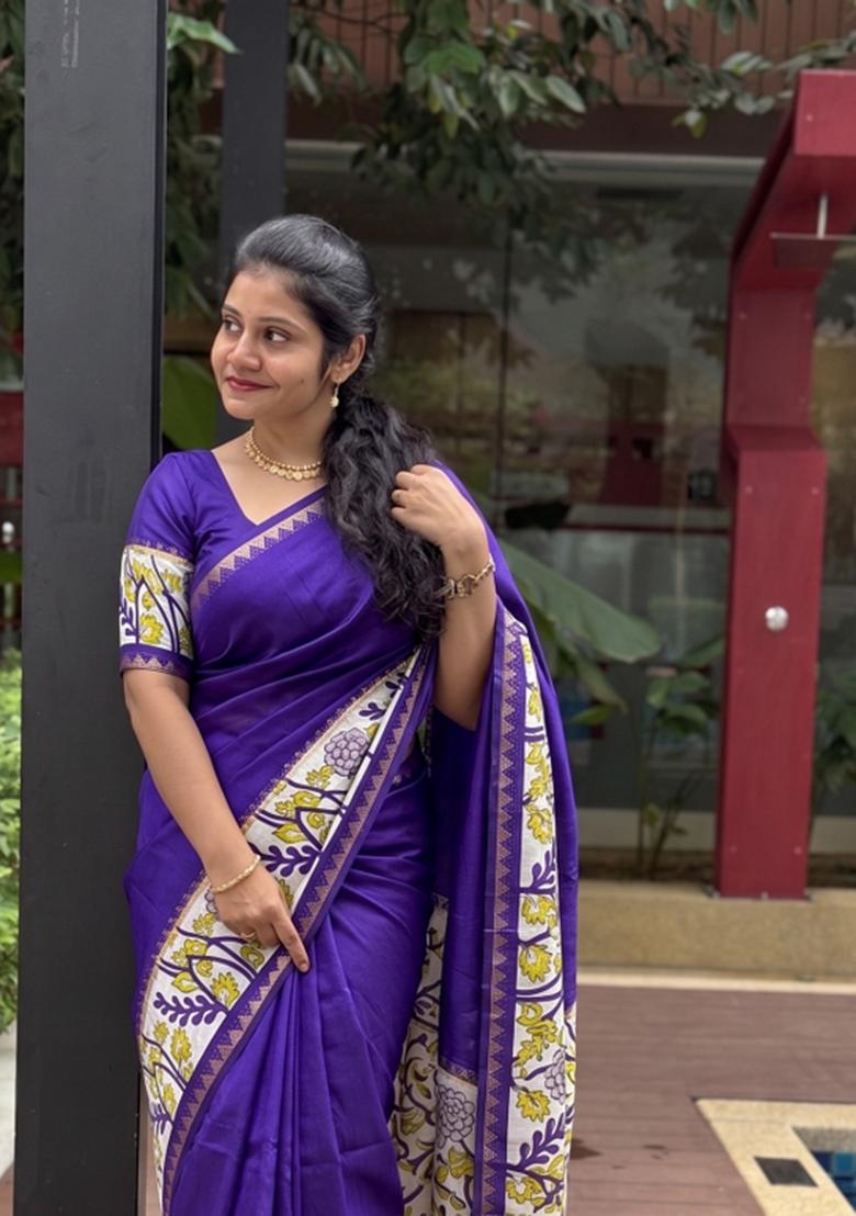 Violet Printed Silk Blend Saree Set - Indya