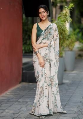 Beige Printed Georgette Saree Set