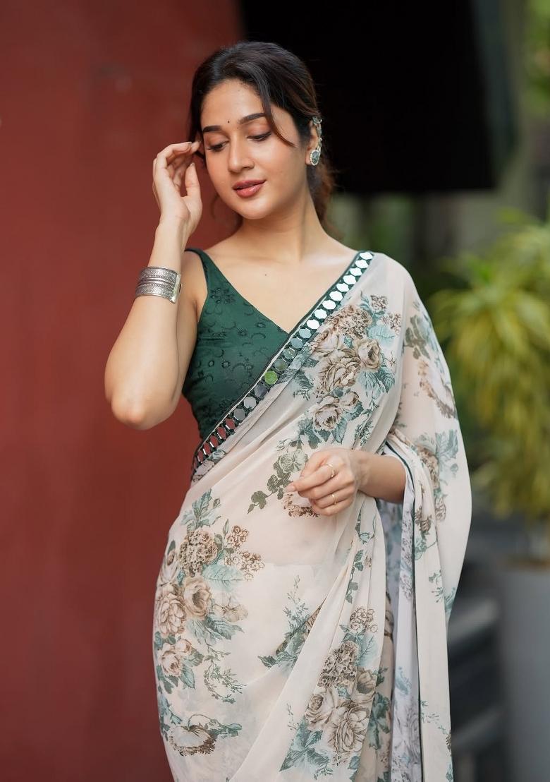 Beige Printed Georgette Saree Set - Indya