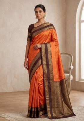 Orange Zari Work Silk Blend Saree Set