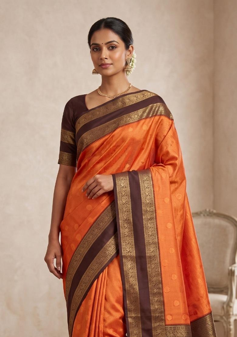 Orange Zari Work Silk Blend Saree Set - Indya