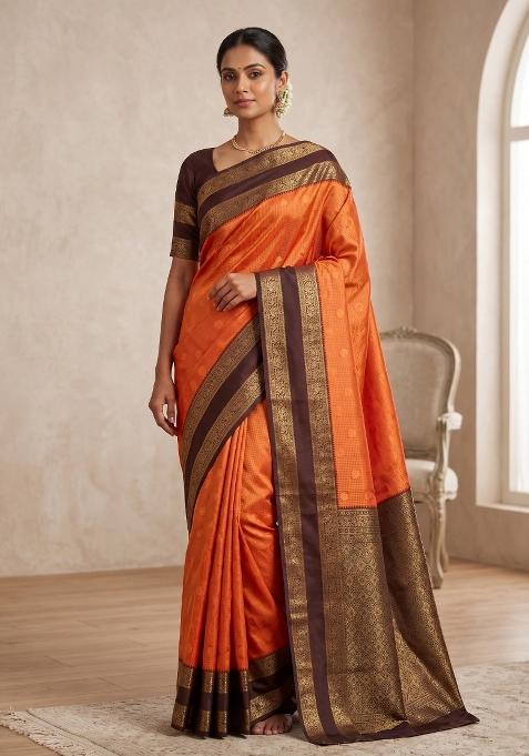 Orange Zari Work Silk Blend Saree Set