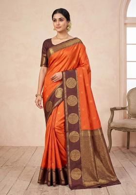 Orange Zari Work Silk Blend Saree Set