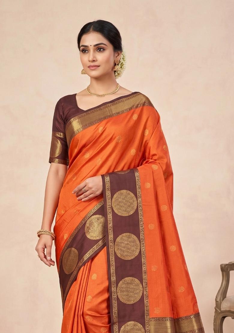 Orange Zari Work Silk Blend Saree Set - Indya