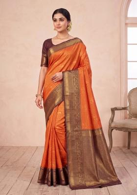 Orange Zari Work Silk Blend Saree Set