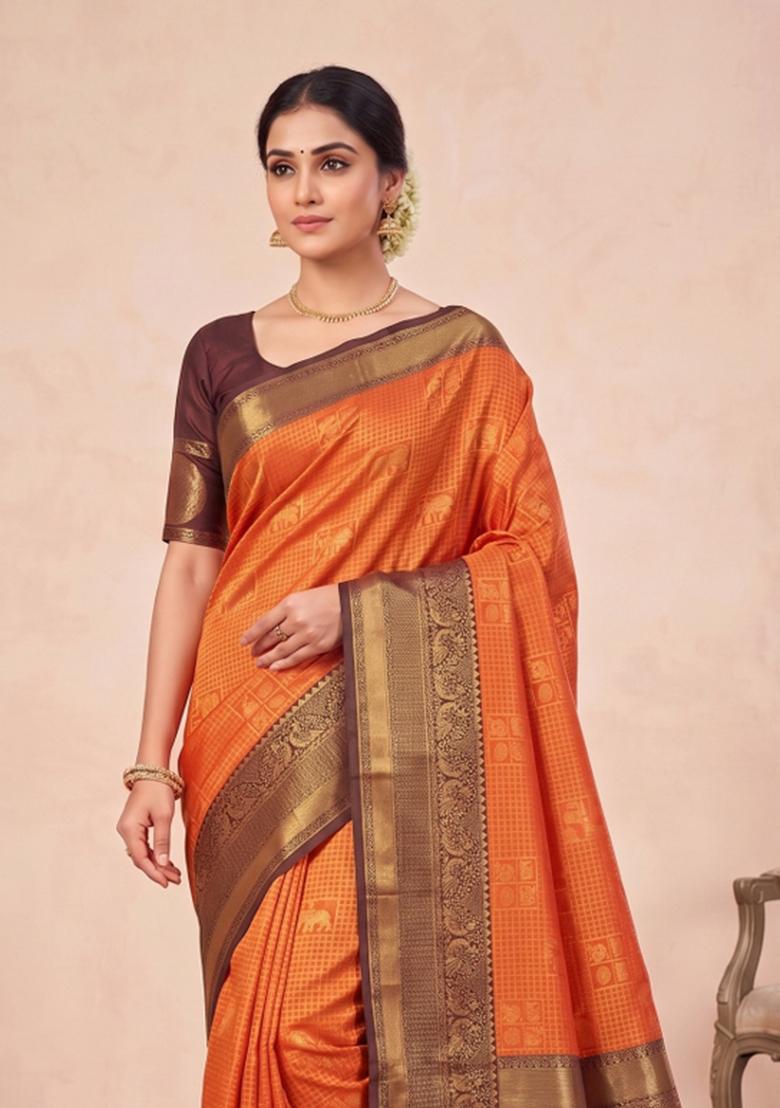 Orange Zari Work Silk Blend Saree Set - Indya