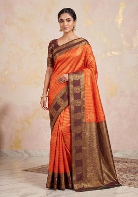 Orange Zari Work Silk Blend Saree Set