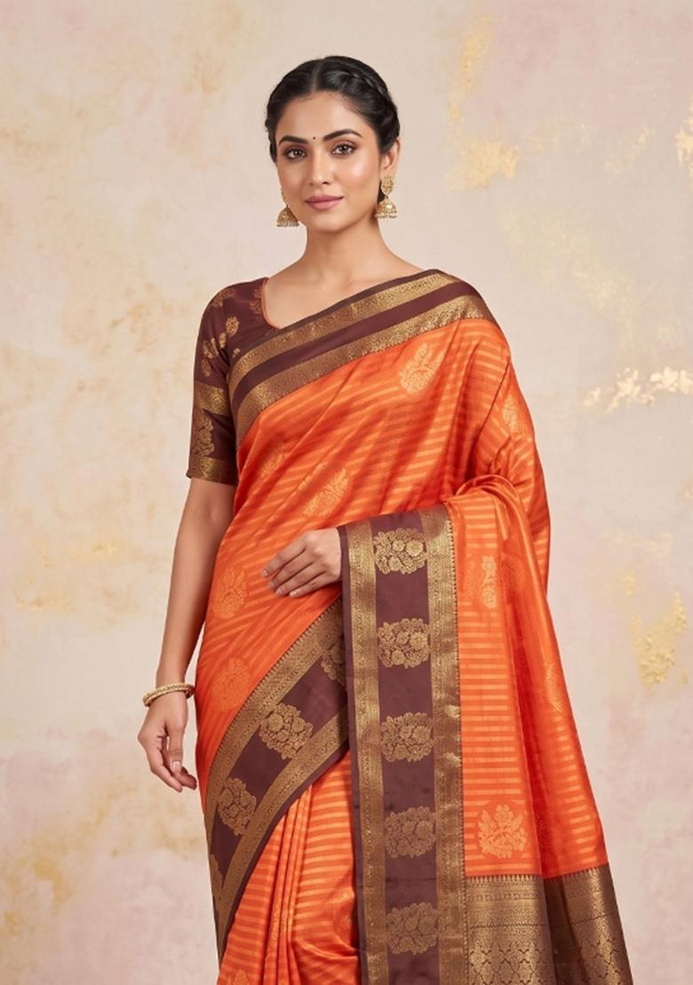 Orange Zari Work Silk Blend Saree Set - Indya