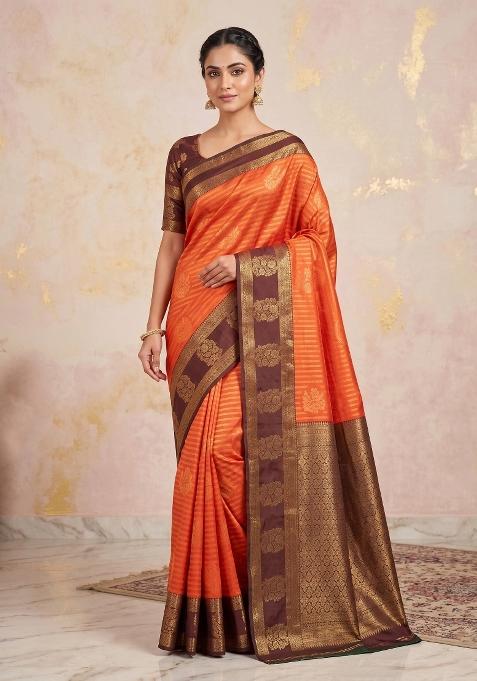 Orange Zari Work Silk Blend Saree Set
