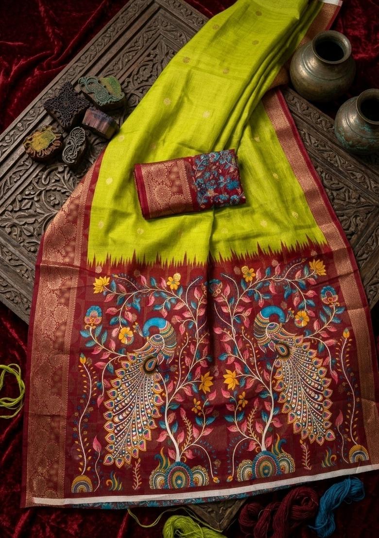 Green Jacquard Silk Blend Saree Set - Indya
