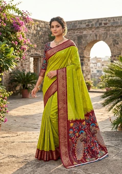 Green Jacquard Silk Blend Saree Set