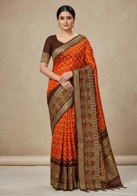 Rust Orange Printed Silk Blend Saree Set