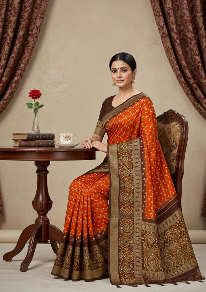 Rust Orange Printed Silk Blend Saree Set - Indya