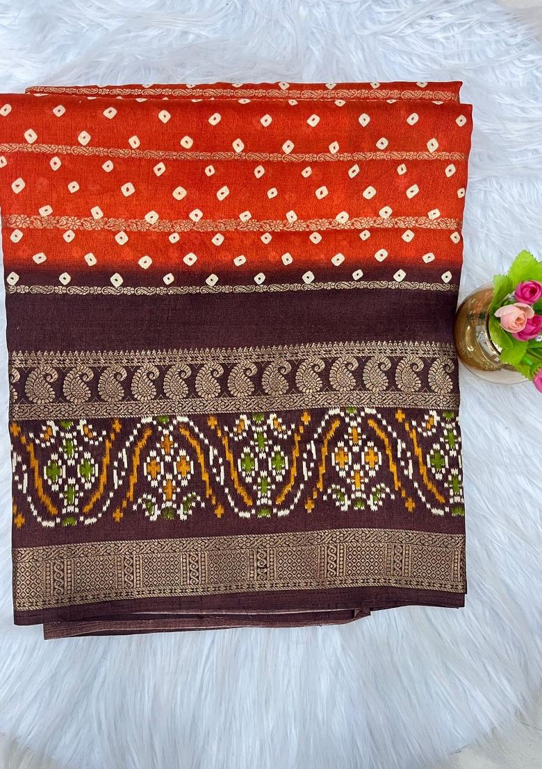 Rust Orange Printed Silk Blend Saree Set - Indya