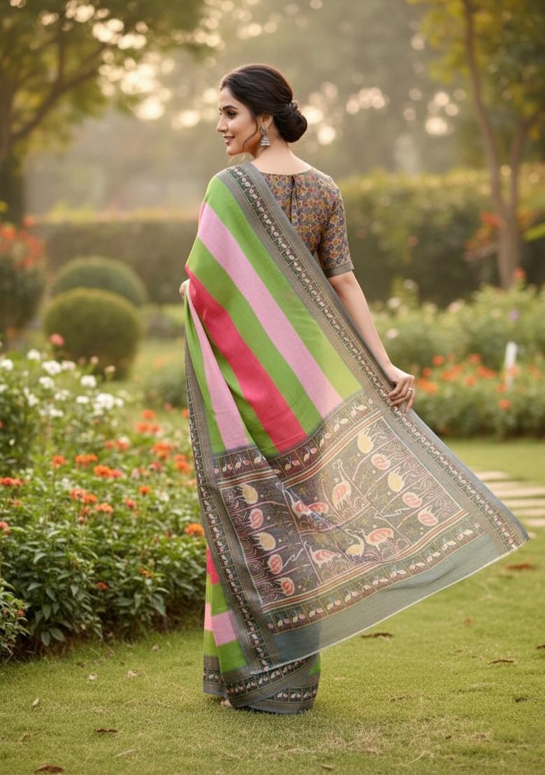Sky Blue Printed Cotton Saree Set - Indya