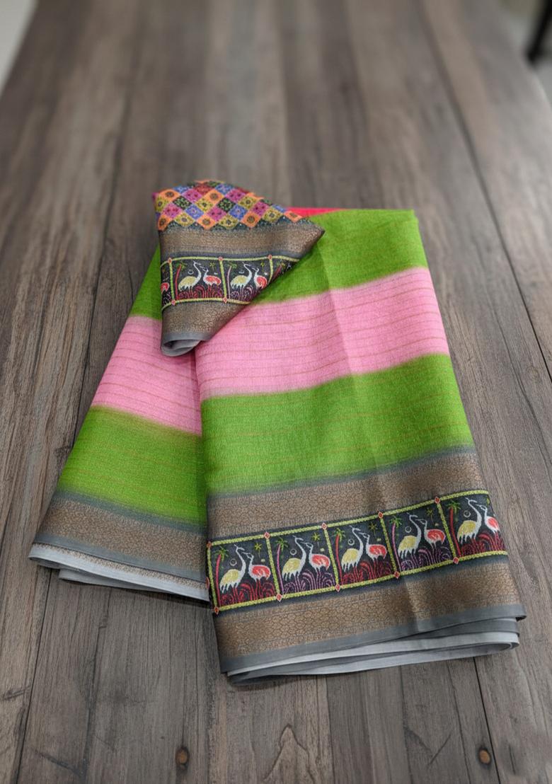Sky Blue Printed Cotton Saree Set - Indya