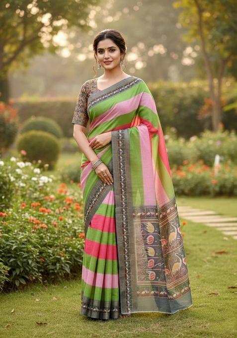 Sky Blue Printed Cotton Saree Set
