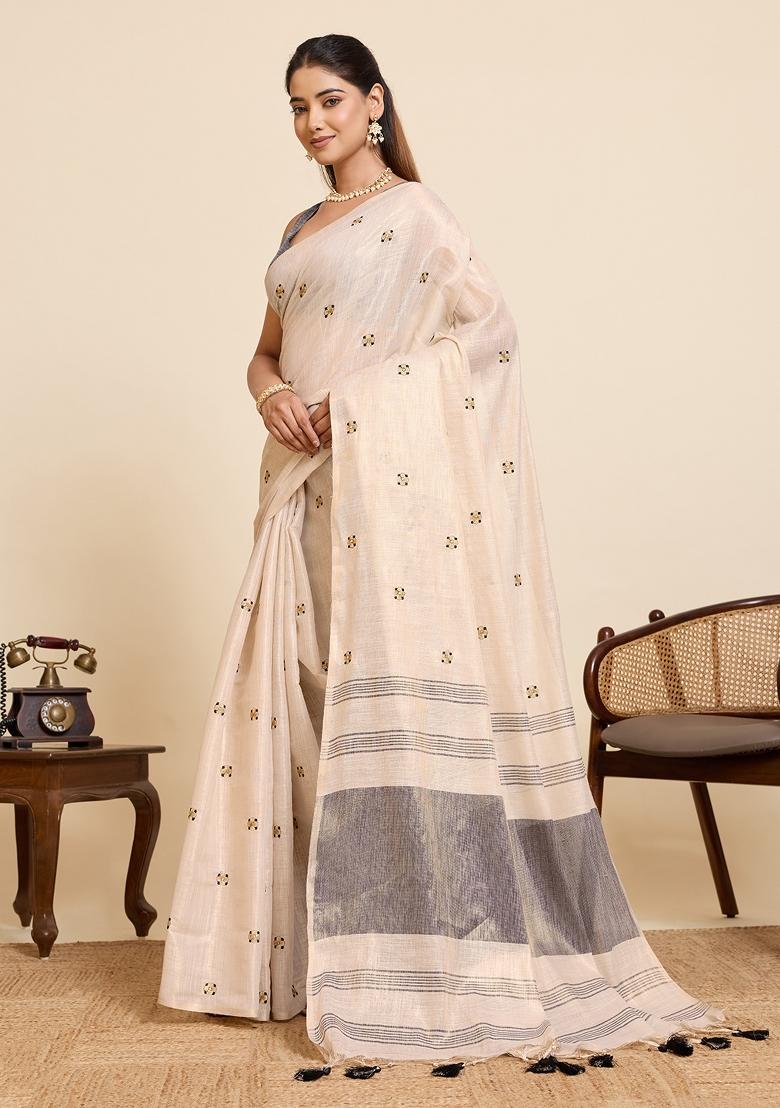 Black Embroidered Silk Blend Saree Set - Indya