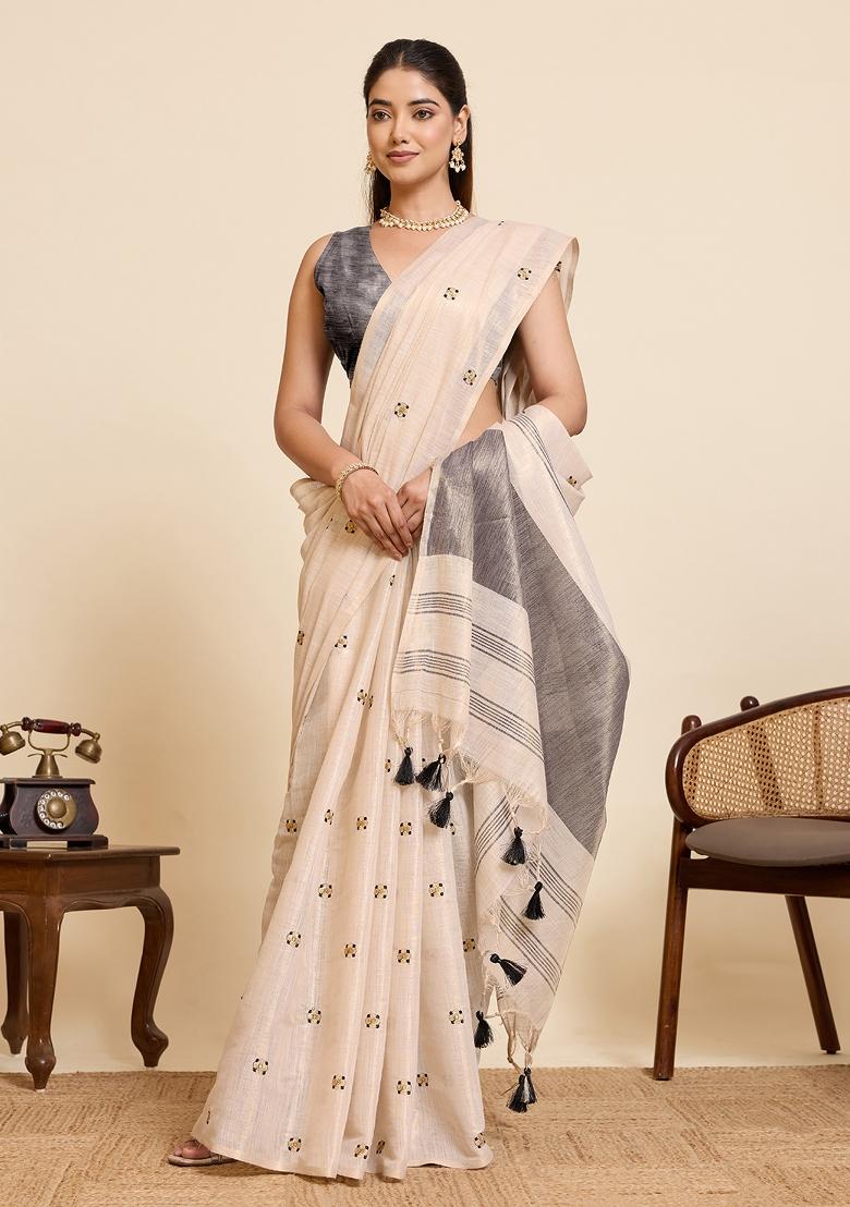 Black Embroidered Silk Blend Saree Set - Indya