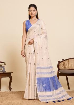 Blue Embroidered Silk Blend Saree Set