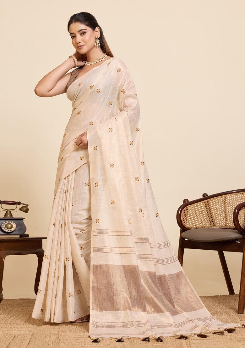 Brown Embroidered Silk Blend Saree Set - Indya