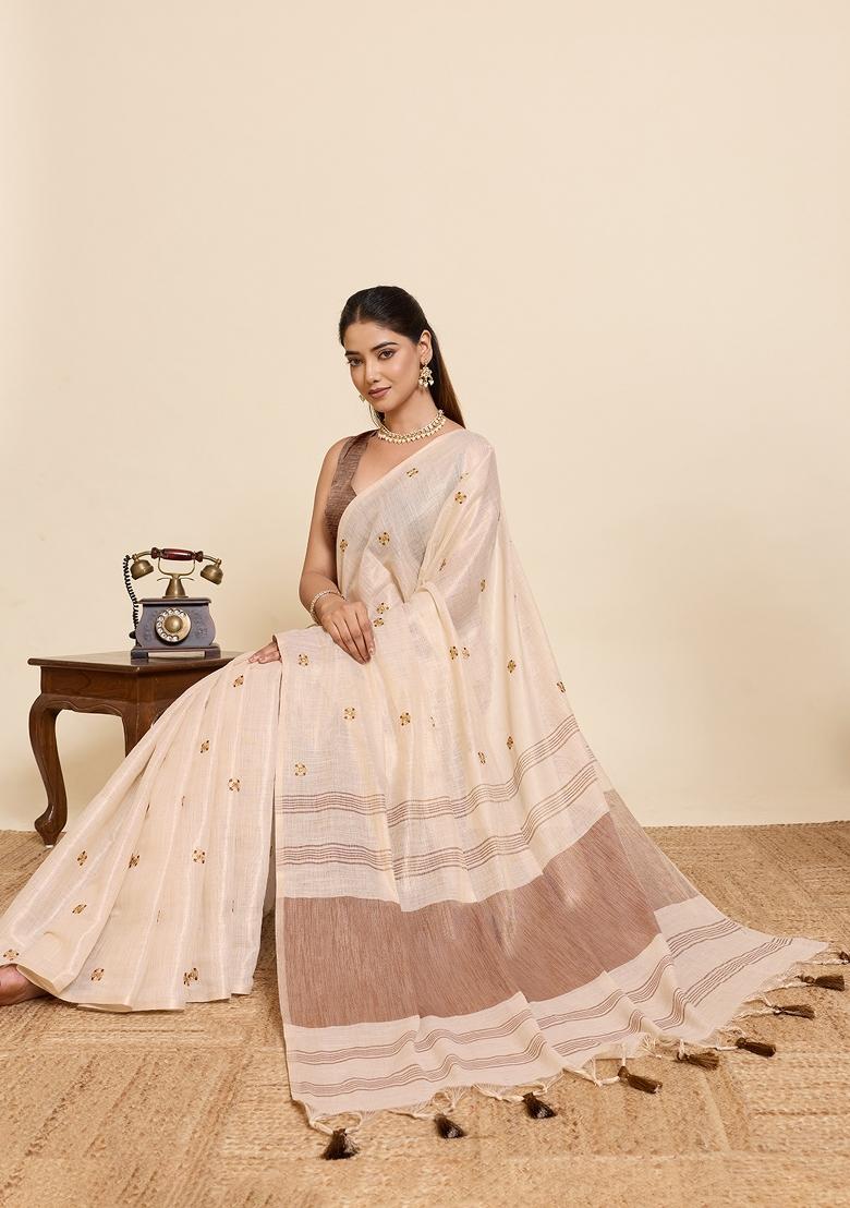 Brown Embroidered Silk Blend Saree Set - Indya