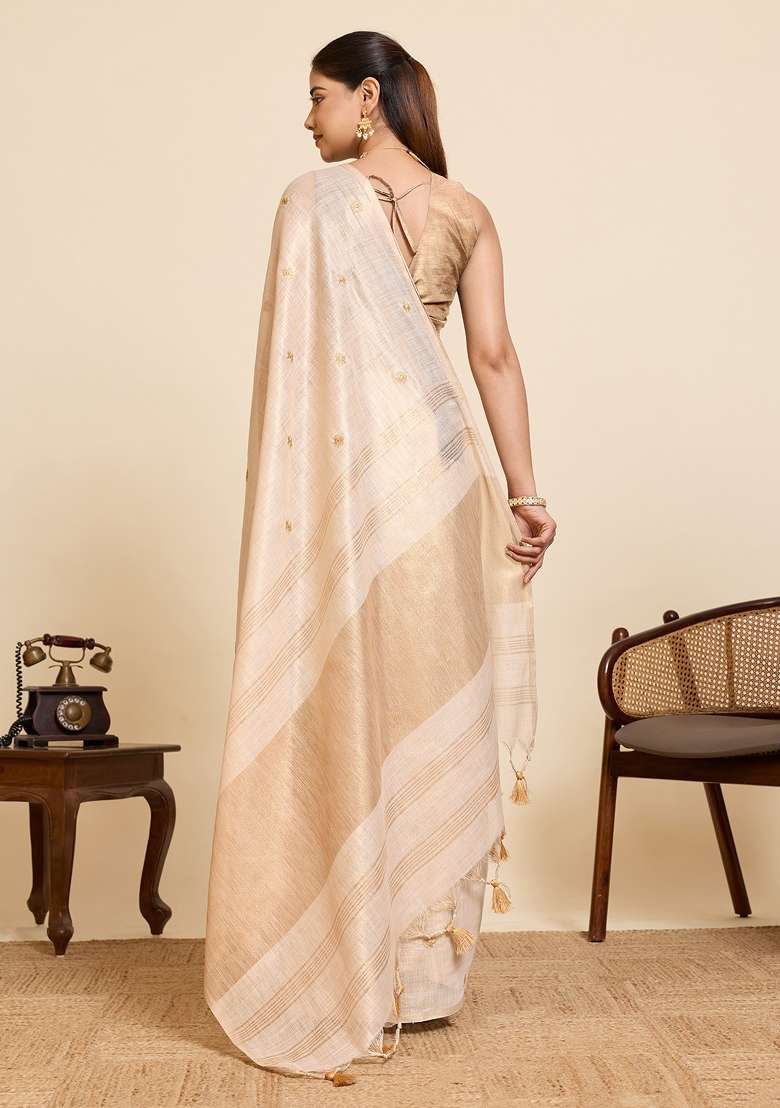 Golden Embroidered Silk Blend Saree Set for Diwali and Festive Wear - Indya