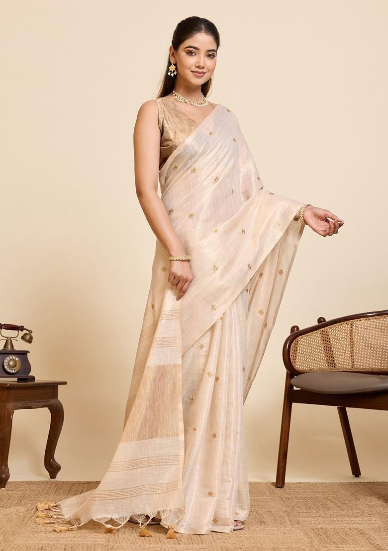 Golden Embroidered Silk Blend Saree Set - Indya