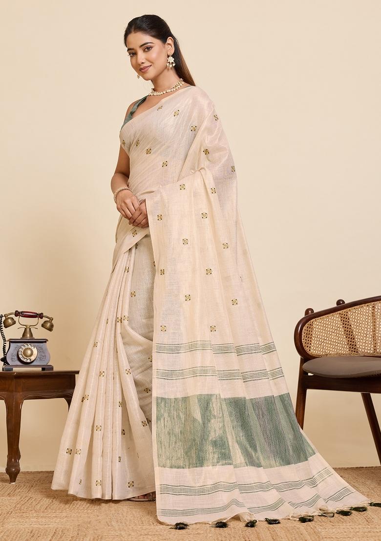 Green Embroidered Silk Blend Saree Set - Indya