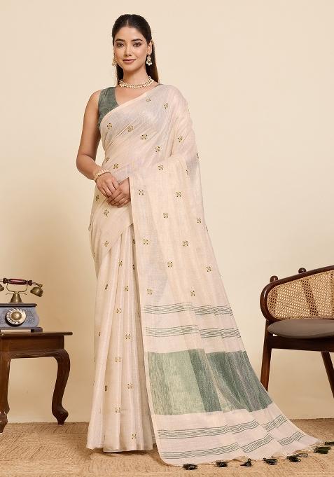 Green Embroidered Silk Blend Saree Set
