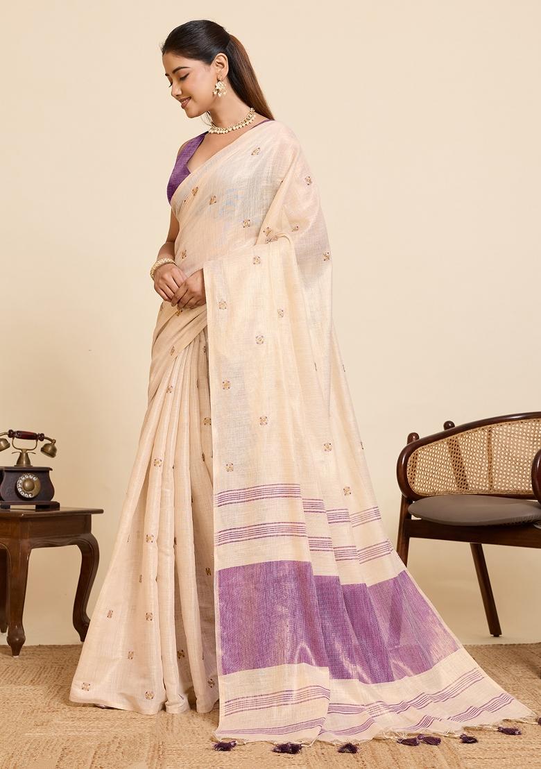 Purple Embroidered Silk Blend Saree Set - Indya