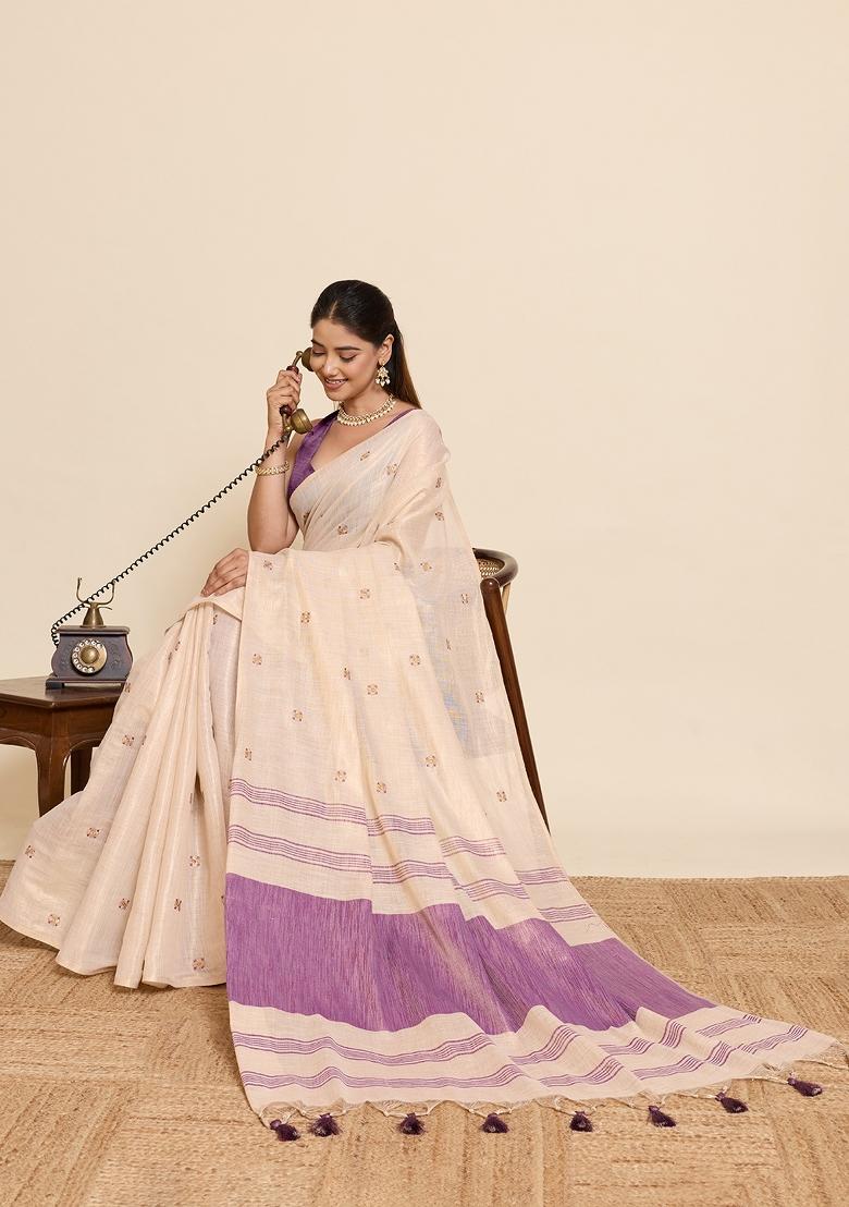 Purple Embroidered Silk Blend Saree Set - Indya
