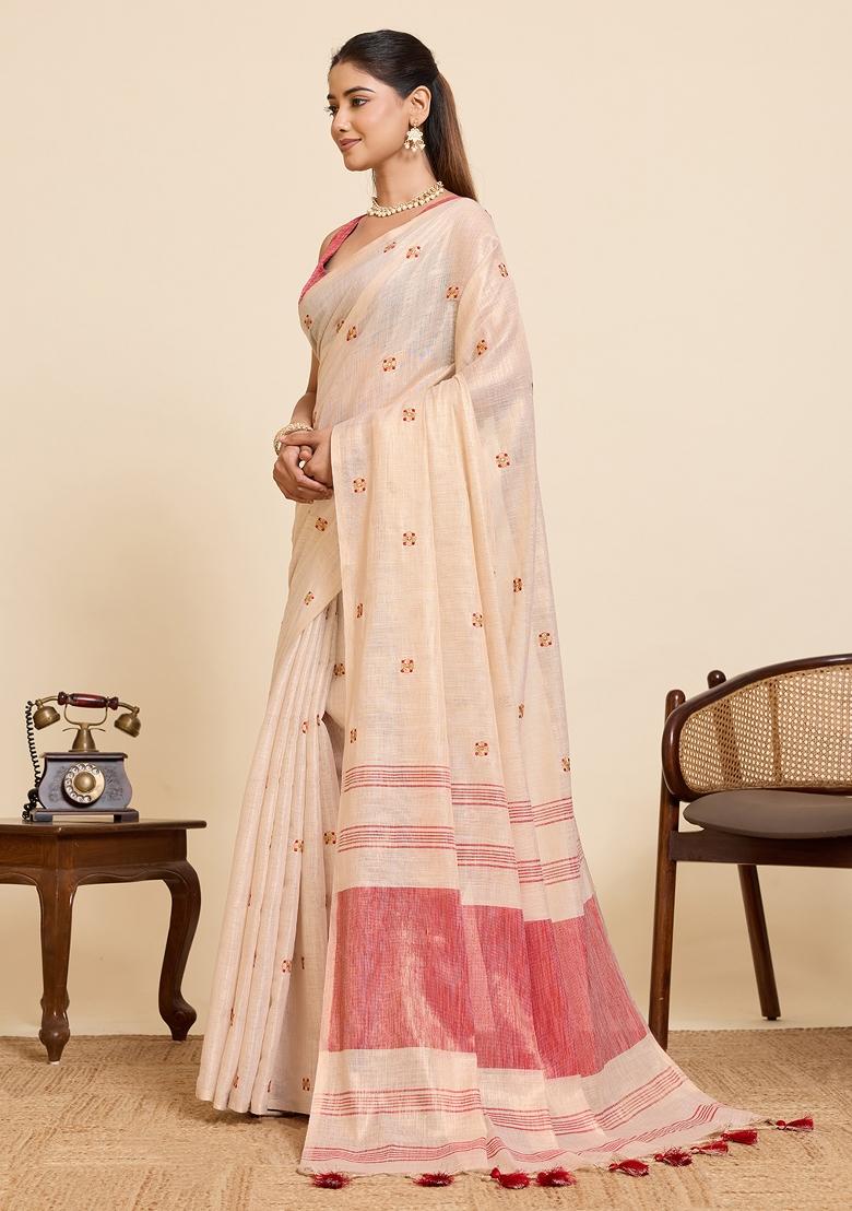Red Embroidered Silk Blend Saree Set - Indya