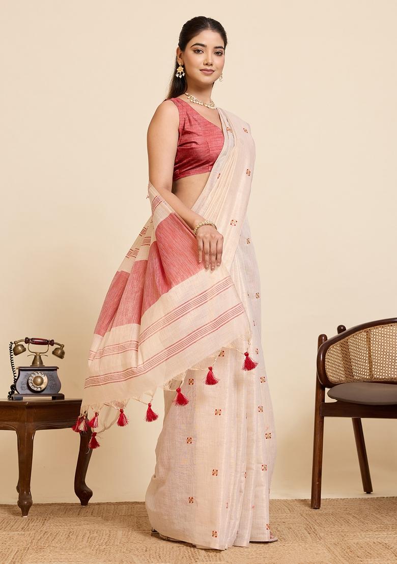 Red Embroidered Silk Blend Saree Set - Indya