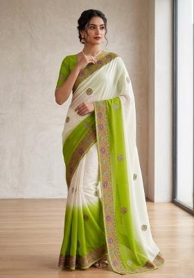 Green Printed Silk Blend Saree Set