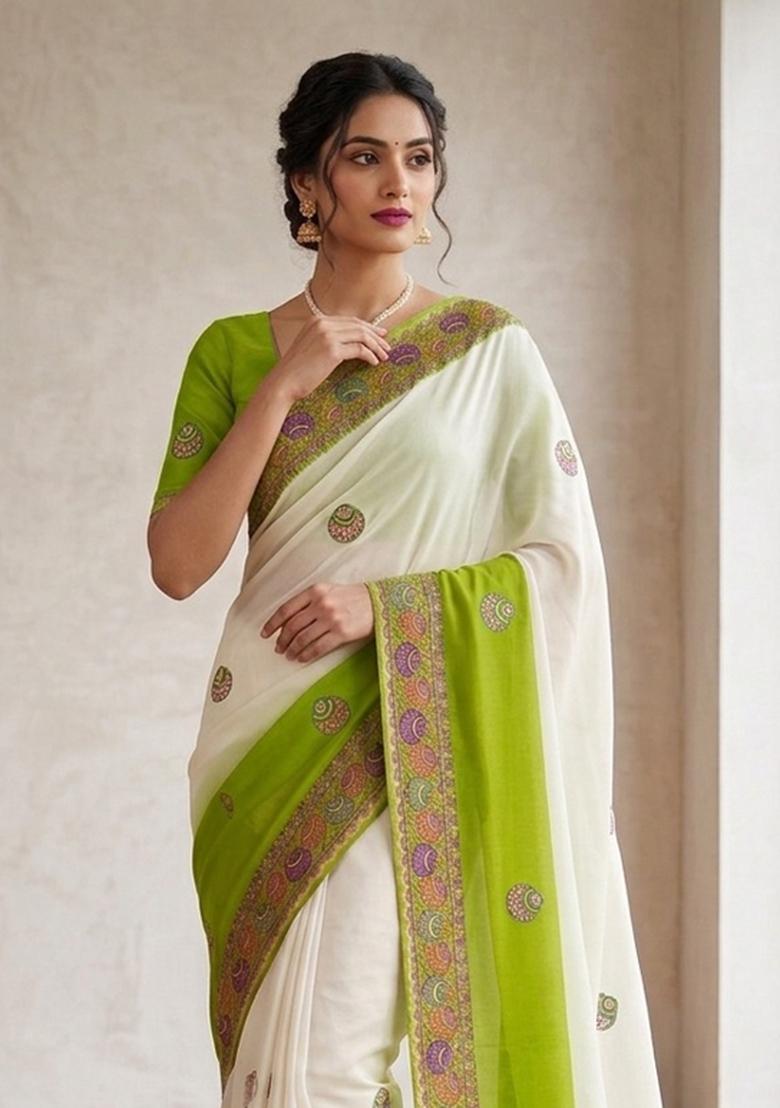 Green Printed Silk Blend Saree Set - Indya