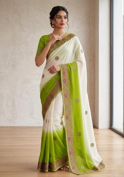 Green Printed Silk Blend Saree Set
