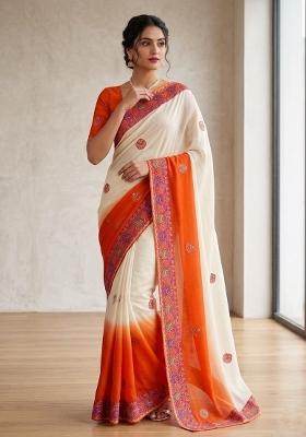 Orange Printed Silk Blend Saree Set