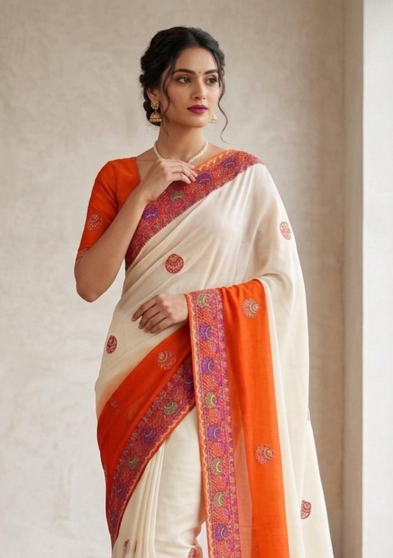Orange Printed Silk Blend Saree Set - Indya