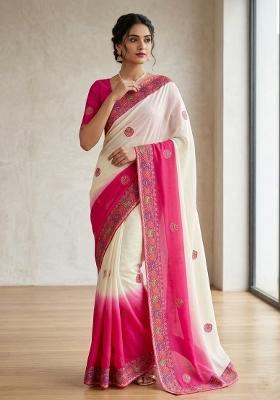 Pink Printed Silk Blend Saree Set