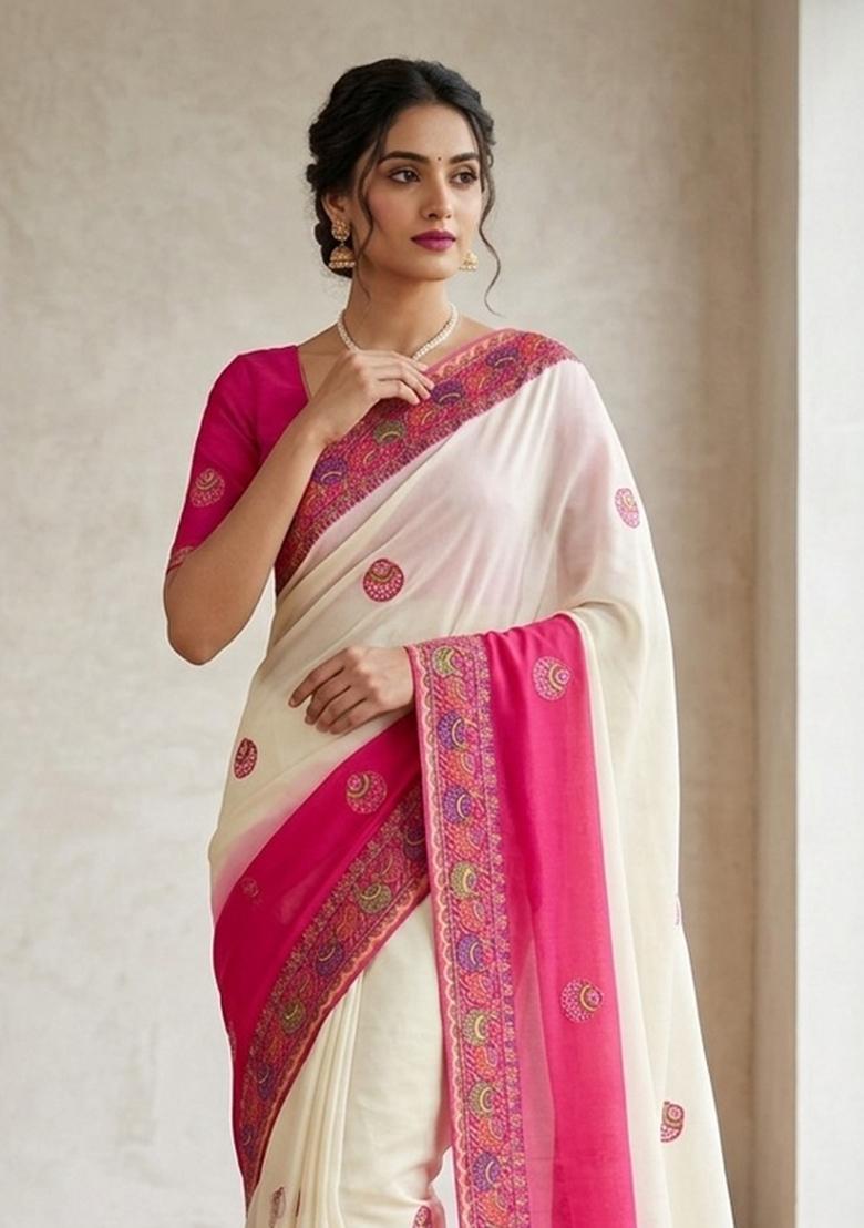 Pink Printed Silk Blend Saree Set - Indya