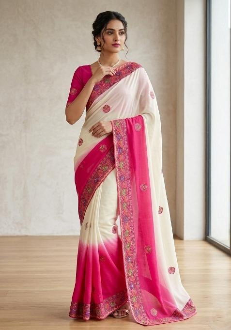 Pink Printed Silk Blend Saree Set