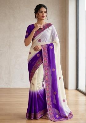 Violet Printed Silk Blend Saree Set