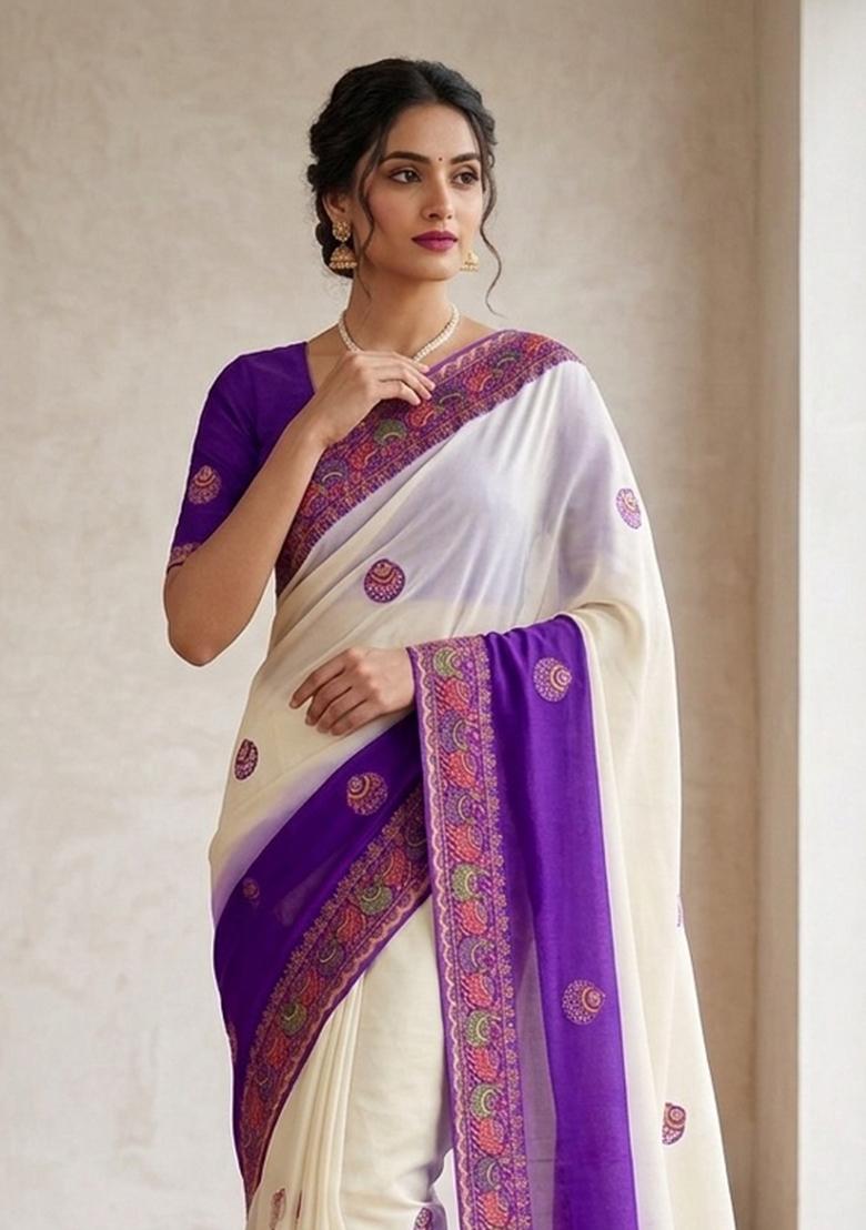 Violet Printed Silk Blend Saree Set - Indya