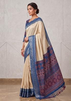 Rama Striped Silk Blend Saree Set