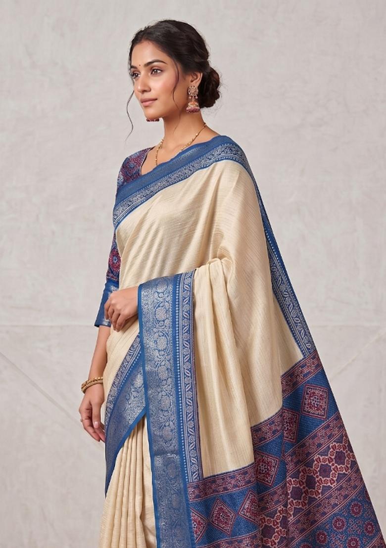 Rama Striped Silk Blend Saree Set - Indya