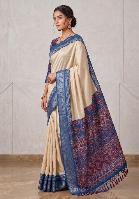Rama Striped Silk Blend Saree Set